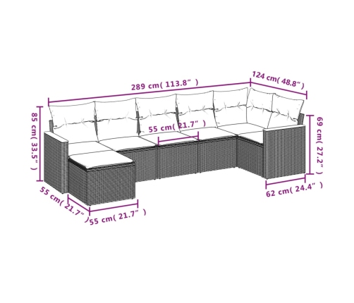 Set de comedor de jardín 7 pzas y cojines ratán sintético negro