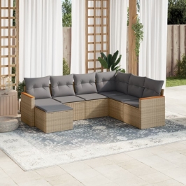 Juego de sofás jardín con cojines beige mezcla 7 pzas ratán PE