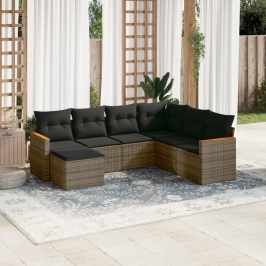 Set de sofás de jardín 7 piezas con cojines ratán PE gris