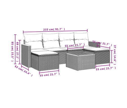 Set de comedor de jardín 7 pzas y cojines ratán sintético negro