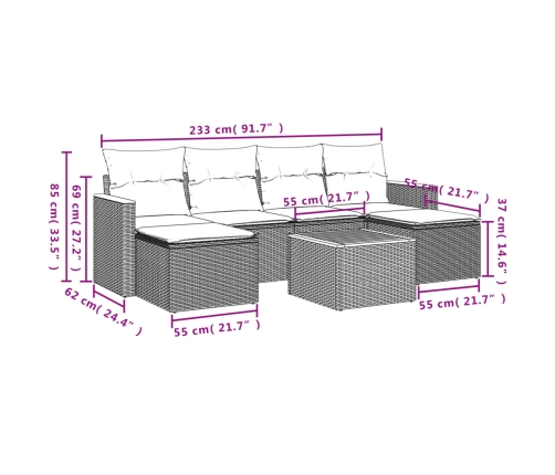 Set sofás de jardín 7 piezas y cojines ratán sintético beige