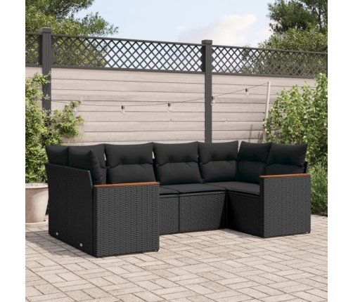 Set de sofás de jardín 6 piezas y cojines ratán sintético negro