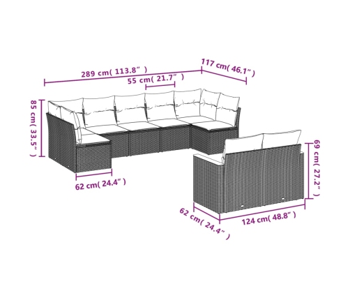 Set de sofás de jardín 8 piezas y cojines ratán sintético negro