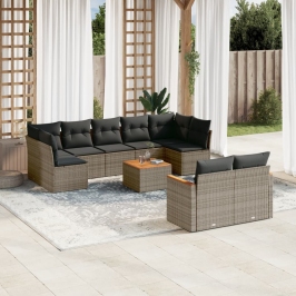 Set de sofás de jardín 10 pzas con cojines ratán sintético gris