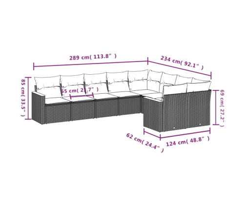 Set de sofás de jardín 8 piezas y cojines ratán sintético negro