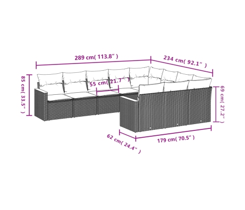 Set de sofás de jardín 10 pzas cojines ratán sintético negro