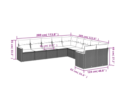 Set de sofás de jardín 10 pzas cojines ratán sintético negro