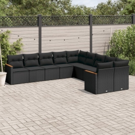 Set de sofás de jardín 10 pzas cojines ratán sintético negro