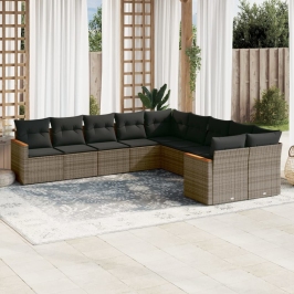 Set de sofás de jardín 10 pzas con cojines ratán sintético gris