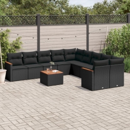 Set de sofás de jardín 11 pzas y cojines ratán sintético negro