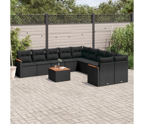 Set de sofás de jardín 11 pzas y cojines ratán sintético negro