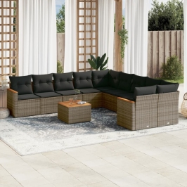 Set de sofás de jardín 11 pzas y cojines ratán sintético gris
