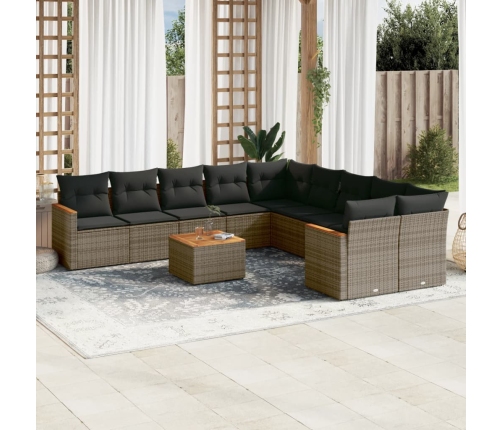 Set de sofás de jardín 11 pzas y cojines ratán sintético gris
