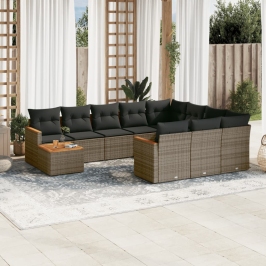 Set de sofás de jardín 11 pzas y cojines ratán sintético gris