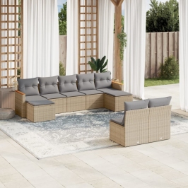 Juego de sofás jardín con cojines beige mezcla 9 pzas ratán PE
