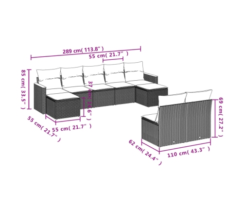 Set de muebles de jardín 9 pzas y cojines ratán sintético gris