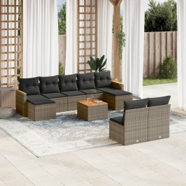 Set de sofás de jardín 10 pzas con cojines ratán sintético gris