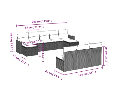 Set de sofás de jardín 10 pzas con cojines ratán sintético gris