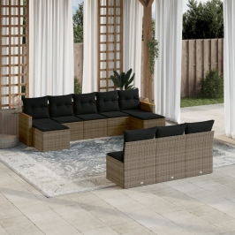 Set de sofás de jardín 10 pzas con cojines ratán sintético gris