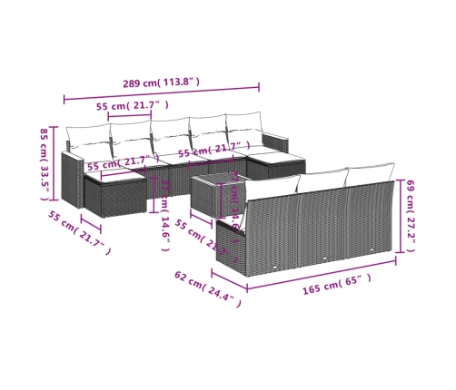 Set de sofás de jardín 11pzas con cojines ratán sintético beige