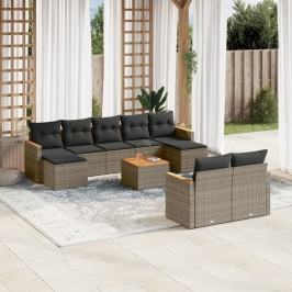 Set de sofás de jardín 10 pzas con cojines ratán sintético gris