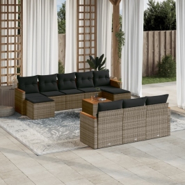 Set de sofás de jardín 11 pzas y cojines ratán sintético gris
