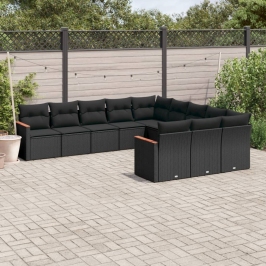 Set de sofás de jardín 11 pzas y cojines ratán sintético negro