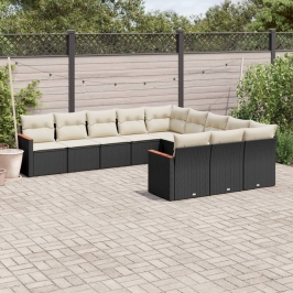 Set de sofás de jardín 11 pzas y cojines ratán sintético negro