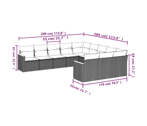 Set de sofás de jardín 11 pzas y cojines ratán sintético gris