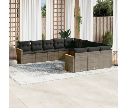 Set de sofás de jardín 11 pzas y cojines ratán sintético gris