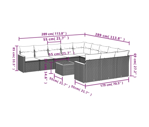 Set de sofás de jardín 12 piezas cojines ratán sintético negro