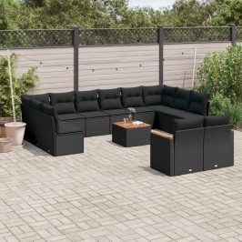 Set de sofás de jardín y cojines 13 pzas ratán sintético negro