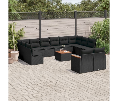 Set de sofás de jardín y cojines 13 pzas ratán sintético negro