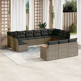 Set sofás de jardín con cojines 13 piezas ratán sintético gris