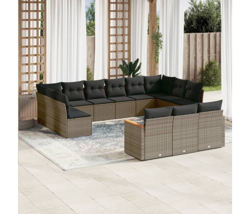 Set sofás de jardín con cojines 13 piezas ratán sintético gris