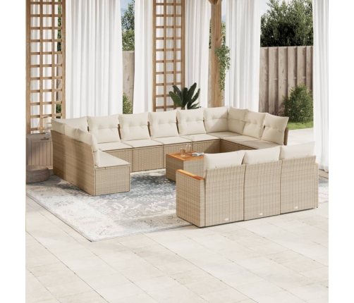 Set sofás de jardín 14 pzas con cojines ratán sintético beige