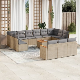 Set sofás jardín 14 pzas y cojines ratán sintético beige mezcla
