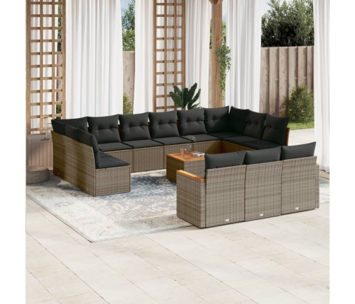Set de sofás de jardín 14 pzas con cojines ratán sintético gris