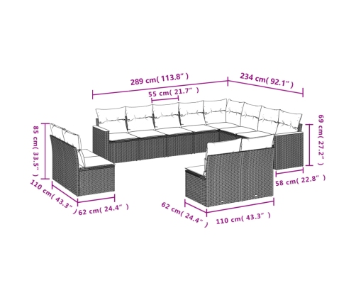 Set de sofás de jardín 12 pzas y cojines ratán sintético marrón