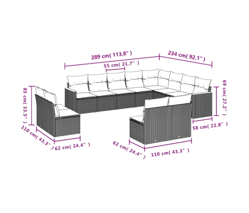 Set de sofás de jardín 12 pzas con cojines ratán sintético gris