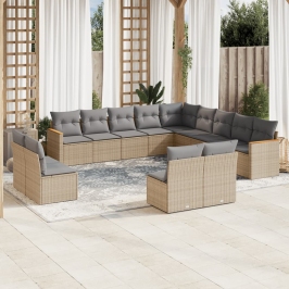 Juego de sofás jardín con cojines beige mezcla 13 pzas ratán PE
