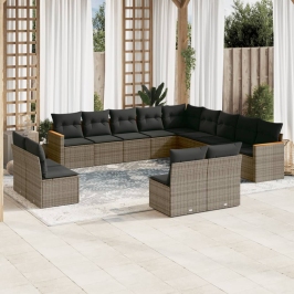 Set sofás de jardín con cojines 13 piezas ratán sintético gris