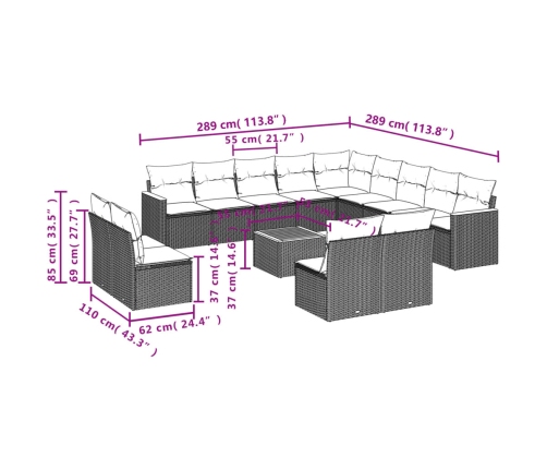 Set sofás de jardín 14 pzas con cojines ratán sintético negro