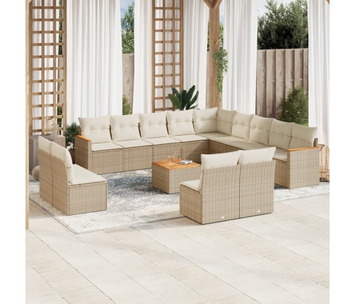 Set sofás de jardín 14 pzas con cojines ratán sintético beige