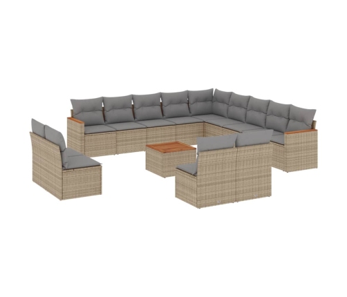 Set sofás jardín 14 pzas y cojines ratán sintético beige mezcla