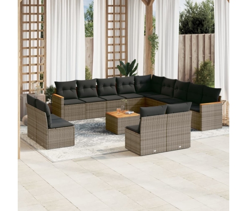 Set de sofás de jardín 14 pzas con cojines ratán sintético gris