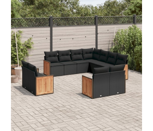 Set de sofás de jardín 11 pzas y cojines ratán sintético negro