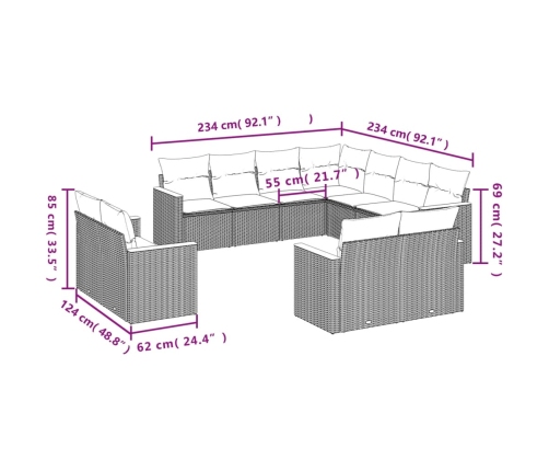 Set de sofás de jardín 11pzas con cojines ratán sintético beige