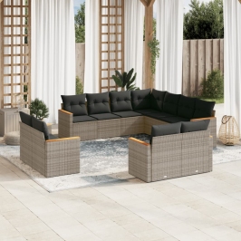 Set de sofás de jardín 11 pzas y cojines ratán sintético gris