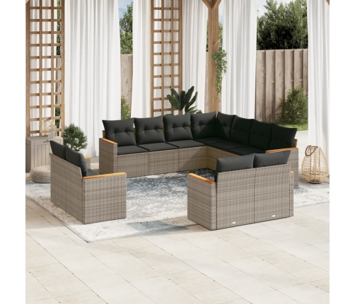 Set de sofás de jardín 11 pzas y cojines ratán sintético gris